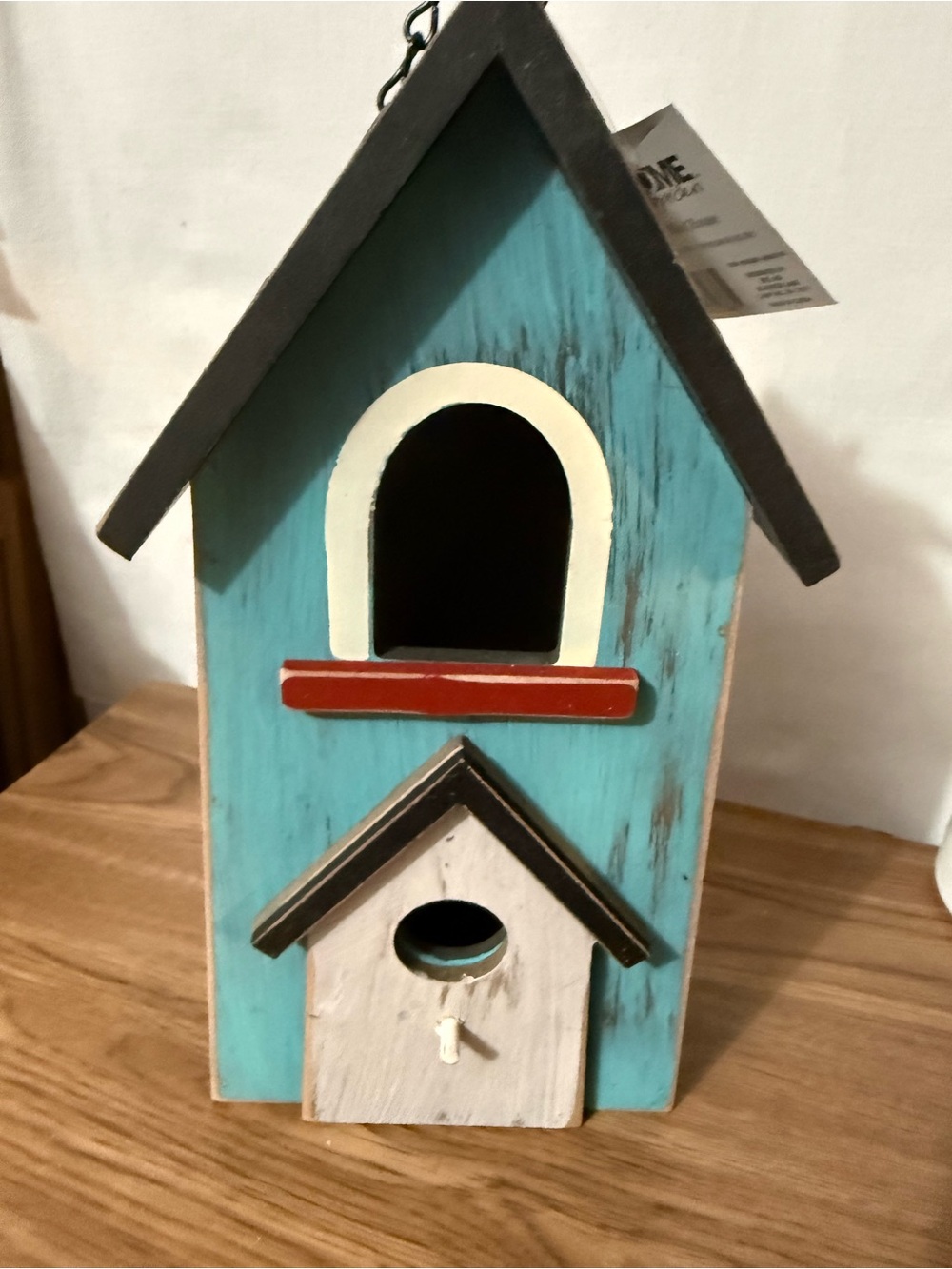 Rustic Turquoise Wooden Birdhouse with Red Accent
